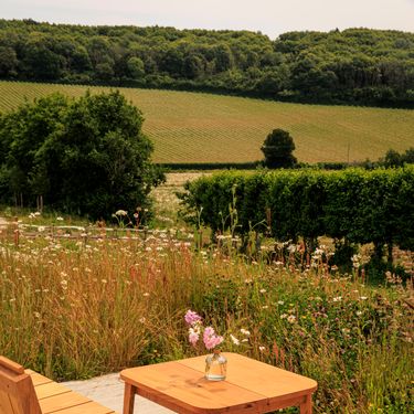 A peaceful outdoor setting with natural wooden seating and a matching table adorned with a small vase of flowers. The scene overlooks a scenic countryside marked by wildflowers and expansive green fields, creating a serene and inviting atmosphere. The composition highlights natural elements and simple craftsmanship in a rural environment.