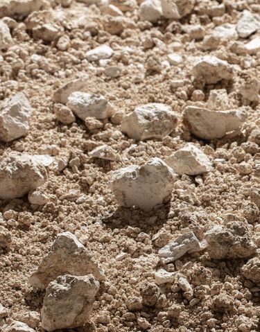 Close-up of chalky soil with rough, uneven texture composed of small lumps and larger rocks. The soil appears dry and crumbly, characteristic of certain vineyard terrains where quality grapevines can be cultivated. This type of soil supports premium vineyard growth in English sparkling wine regions.