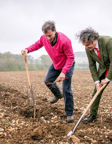 Two men are engaged in planting young vines in a vineyard, working together to cultivate the soil. This image captures the early stages of vineyard establishment, reflecting the careful attention and premium craftsmanship involved in producing Domaine Evremond English quality sparkling wine. The rural vineyard setting with rolling hills in the background highlights the estate's dedication to quality viticulture.