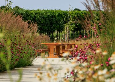 A wooden outdoor dining table with benches is set along a paved pathway surrounded by lush green trees and blooming flowers. The scene suggests a peaceful garden setting ideal for relaxation or gatherings, with natural elements enhancing the ambiance. This setting could be part of an estate's landscaped grounds, merging refined outdoor living with natural beauty.