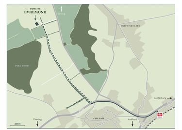 A detailed map showing the walking route to Domaine Evremond in Chilham, Kent. The map highlights nearby areas including Pole Wood, Old Wives Lees, and surrounding roads such as the A252. It is designed to guide visitors arriving on foot, emphasizing the approach to the estate through natural and rural surroundings.
