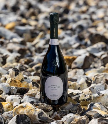 A bottle of Domaine Evremond Classic Cuvée English quality sparkling wine is placed on a bed of oyster shells. The setting highlights the premium craftsmanship and unique terroir influence typical of English sparkling wine production. The natural oyster shell background suggests a coastal vineyard environment.