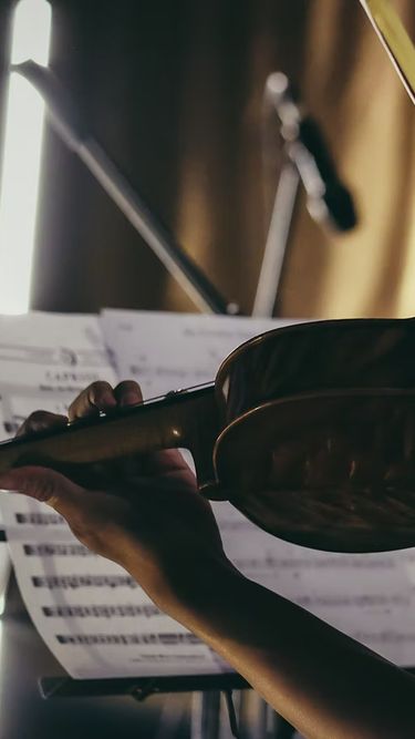 Close-up of a violinist's hand and violin in a dimly lit performance setting, with blurred music sheets and microphones in the background. The scene captures the focused craftsmanship and artistry of a live musical performance.
