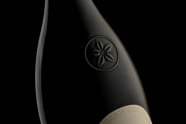 Close-up of a Domaine Evremond Classic Cuvée bottle showcasing premium craftsmanship. This English quality sparkling wine from Chilham, Kent is presented against a dark background emphasizing refinement. The label and embossed emblem highlight the traditional method of production synonymous with the estate.