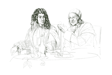 A couple seated at a table sharing a meal with wine glasses and plates. The setting suggests a relaxed dining experience, potentially in a refined environment. The presence of wine glasses indicates an appreciation for premium sparkling wine.