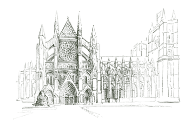 Silhouette illustration of a large historic Gothic-style building with pointed towers and intricate architectural details. The dark green line art highlights the elaborate design of the structure against a transparent background, evoking a sense of classic architectural craftsmanship.