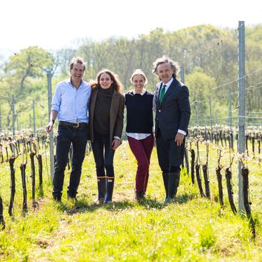 Four people walk together through neatly pruned vineyard rows in a bright outdoor setting. The vineyard is lush and green, indicative of high-quality English sparkling wine production. The scene conveys a sense of premium craftsmanship and community in a natural estate environment.