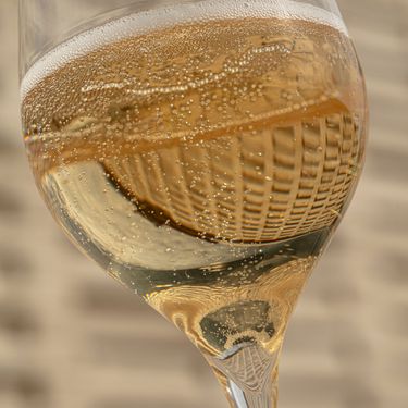 A close-up of a hand holding a glass filled with light golden sparkling wine. The fine bubbles rising in the glass highlight the quality and craftsmanship typical of English sparkling wines. The warm ambient lighting adds a refined elegance to the image.