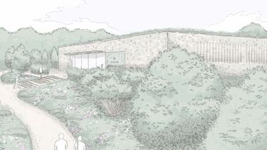 Illustration of a modern winery building surrounded by lush shrubbery and a winding path, evoking a serene vineyard setting. The design features clean lines and natural materials, emphasizing premium craftsmanship in an English vineyard context. This setting aligns with the refined aesthetic of Domaine Evremond English quality sparkling wine estate.