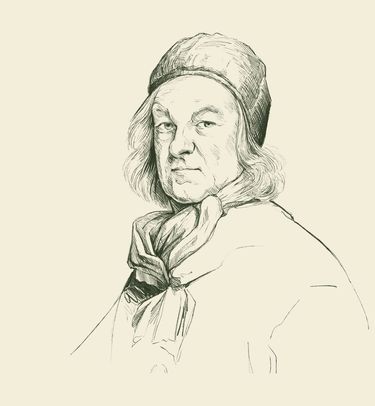 A detailed pencil sketch of an elderly person wearing a hat and scarf. The portrait captures a classic and refined expression with careful line work on a neutral beige background. The vintage style evokes a timeless artistic quality without any visible connection to wine or vineyard settings.