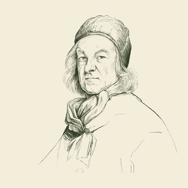 A detailed pencil sketch of an elderly person wearing a hat and scarf. The portrait captures a classic and refined expression with careful line work on a neutral beige background. The vintage style evokes a timeless artistic quality without any visible connection to wine or vineyard settings.