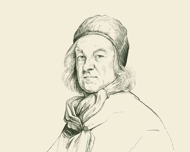 A detailed pencil sketch of an elderly person wearing a hat and scarf. The portrait captures a classic and refined expression with careful line work on a neutral beige background. The vintage style evokes a timeless artistic quality without any visible connection to wine or vineyard settings.